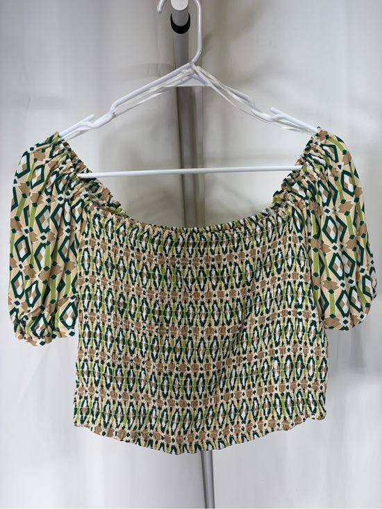 Velvet Heart Tops - Velvet Heart Beige and Green Smocked Off-Shoulder Crop Top 3647